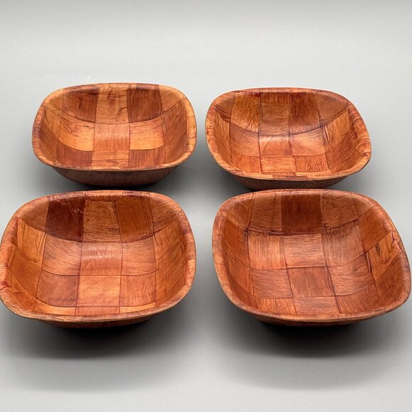 Vintage Parquet Wood Square Bowls Set | Mid Century | Set of 4 - Picture 5 of 10